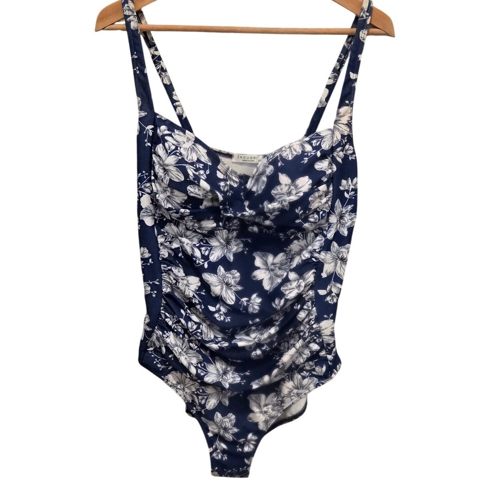 Ekouaer Womens XXL Navy Blue Floral Ruched One Piece Swimsuit Tummy‎ Control